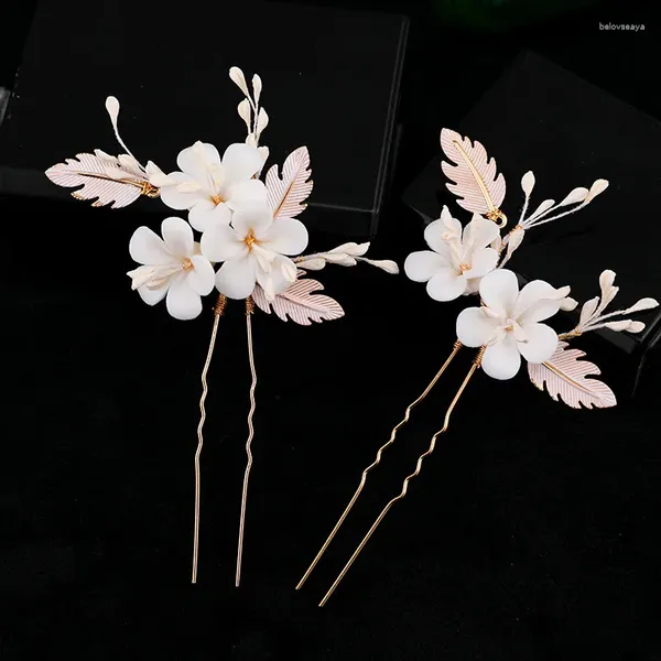 Pinzas para el cabello Accesorios de boda Pin de flor de porcelana Clip para novias Regalo de damas de honor Hoja de color dorado Pieza para la cabeza Horquilla Joyería nupcial