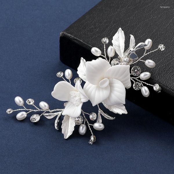 Pinces à cheveux accessoires de mariage porcelaine tête de fleur pièce couleur argent épingle à cheveux pour les mariées perle cristal broche pince bijoux de mariée