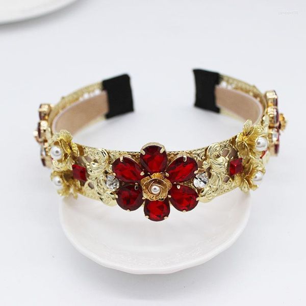 Pinces à cheveux accessoires de mariage bandeau large en cristal rouge en métal doré Rose perle couronne diadèmes pour femmes de mariée bandes de fleurs cadeaux