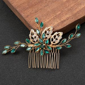 Pinces à cheveux peignes de mariage en alliage doré, épingles à cheveux en strass, couleur verte, couvre-chef en cristal, accessoires bijoux de mariée