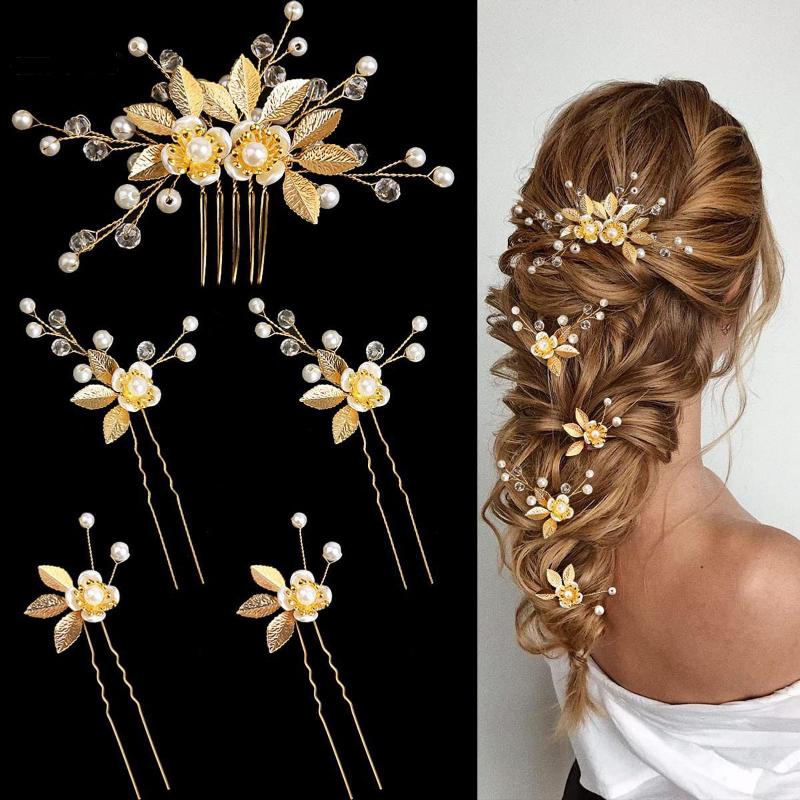 Hair Clips Wedding Pearl Flower Hairpin Side Comb Golden Leaf Alloy Tiaras Bride Insert Jewelry Headwear 5Pcs