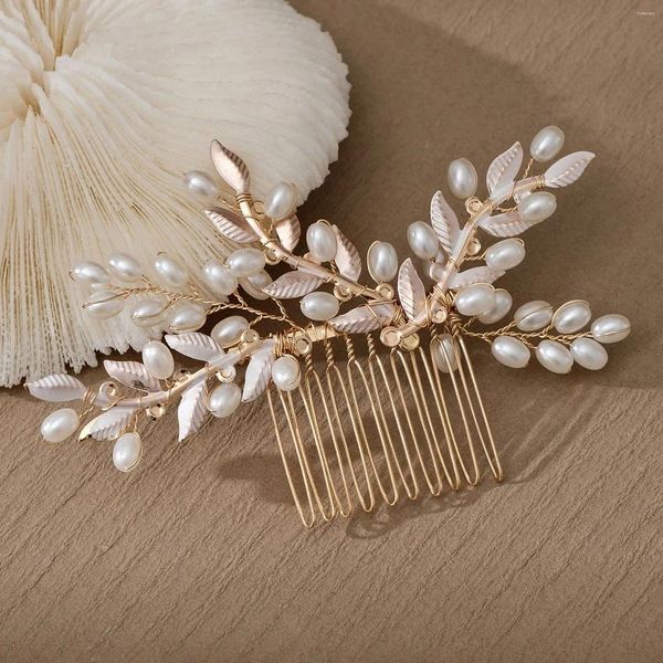 Pinzas para el pelo para mujer, peineta de perlas, accesorios para novia, tocado de hojas doradas, joya de decoración moderna