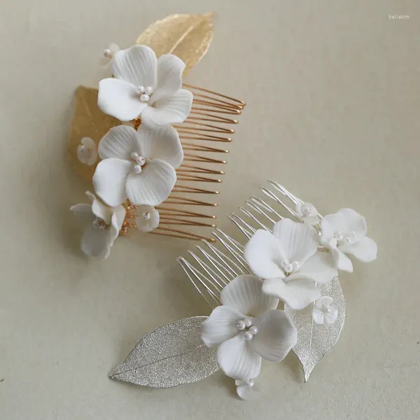 Horquillas para el pelo, flor de cerámica blanca, peine nupcial, hojas de concha, accesorios de boda, joyería