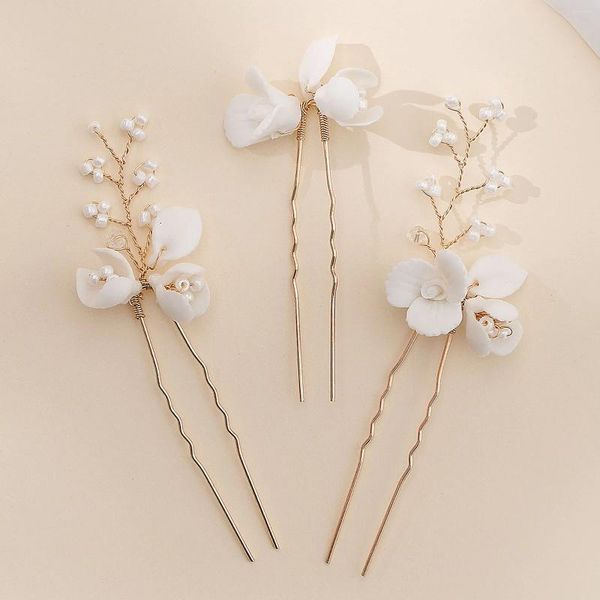 Pinces à cheveux en céramique blanche, épingles à cheveux à fleurs pour mariée, bâtons simples en forme de U, couvre-chef en perles élégantes, bijoux de fête pour femmes