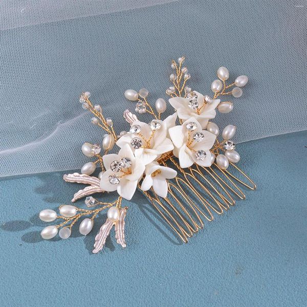 Pinzas para el cabello, peines de flores blancas para novia, joyería de boda, horquillas de perlas artificiales, horquillas laterales, tocado de Metal de Color dorado