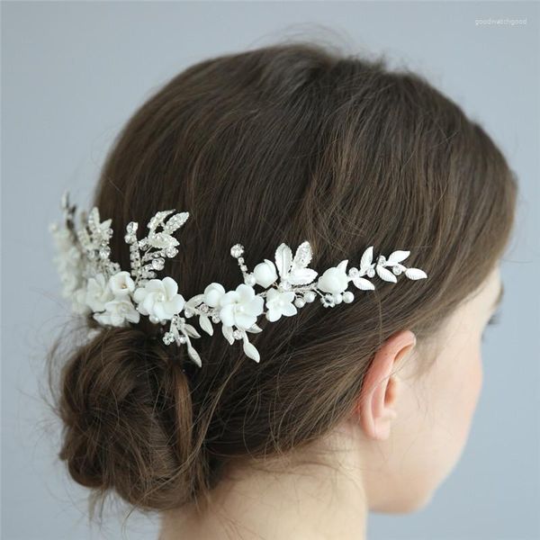 Pinzas para el cabello Flor de porcelana blanca Peine nupcial Corona Color plata Rhinestone Mujeres Tocado Boda Prom Accesorios Tiara