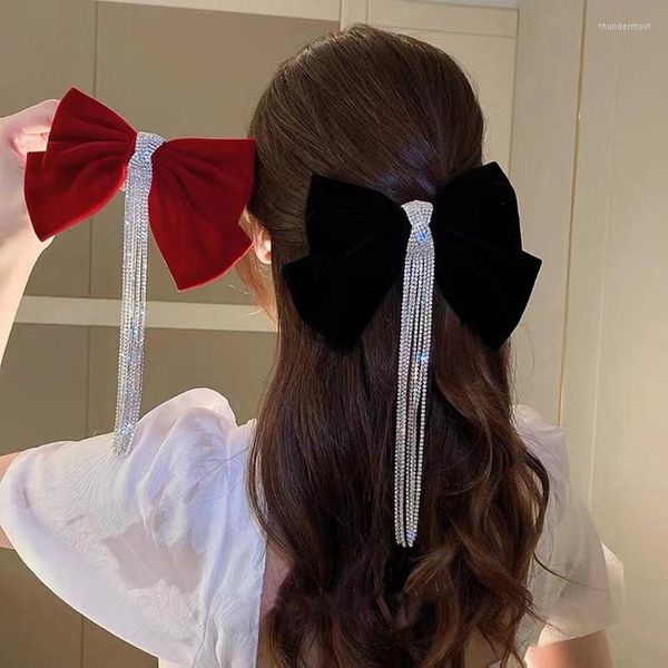 Pinzas para el pelo WLP para mujer, elegante lazo, horquilla de terciopelo rojo y negro, borla de diamantes de imitación de lujo, moda coreana, accesorios para la cabeza de boda