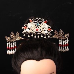 Pinces à cheveux femmes plaqué or fleur longues perles gland couronne 3 pièces style ancien coiffe Hanfu