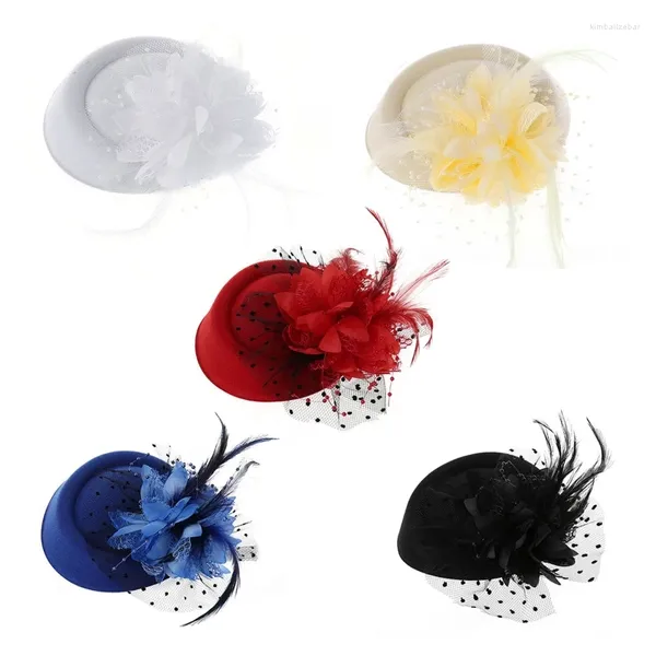 Clips para el cabello para mujer, sombrero tocado Retro de Color sólido, pastillero de plumas y flores, gorro con velo