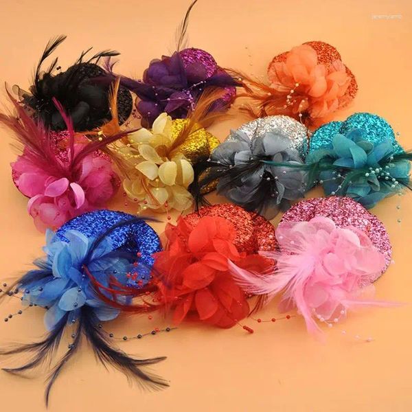 Clips Para El Cabello Mujer Niña Pequeña 10 Cm Fieltro Brillo Polvo Tocado Sombrero Flor Pluma S