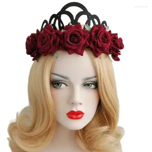 Haarspeldjes Vrouwen Hoofdband Rode Roos Bloemen Kroon Tiara Band Garland Elastisch Lint Hoofddeksel Fancy Dress Ball Bruids Bruiloft Accessoire