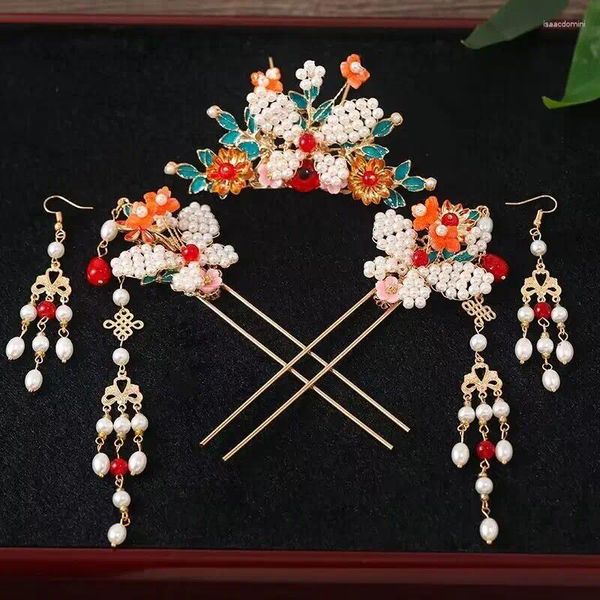 Pinces à cheveux pour femmes, ensemble de boucles d'oreilles, perles papillon blanches, fleur, couronne, coiffure Hanfu chinoise