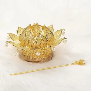 Pinces à cheveux Lotus plaqué or pour femmes, avec couronne de perles, couvre-chef Hanfu chinois
