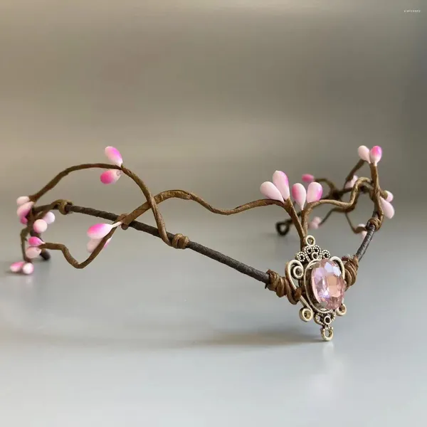 Pinces à cheveux Branches d'elfe des bois, diadème, couronne féerique, cercle, pierre de lune avec gemme rose, pour Costume, diadème pour femmes