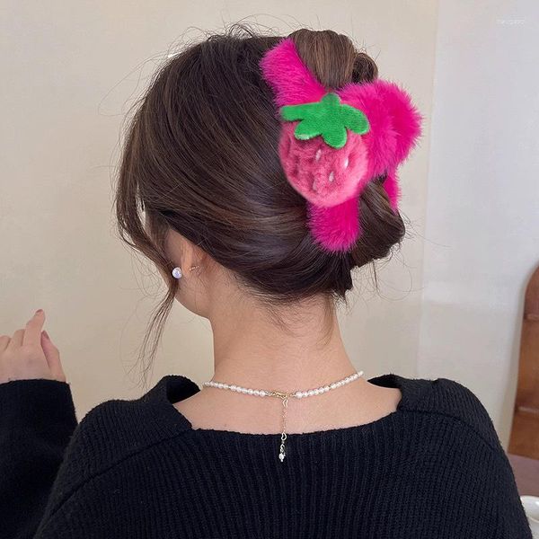 Pinzas para el cabello Y2K, garra de fresa de felpa, horquilla rosa roja, cangrejos bonitos para mujeres y niñas, sombreros coreanos de moda de algodón para otoño e invierno