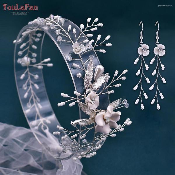 Pinces à cheveux YouLaPan HP344 perles mariée bandeau argile fleur casque boucle d'oreille accessoires de mariage femme mariée vigne tête bijoux