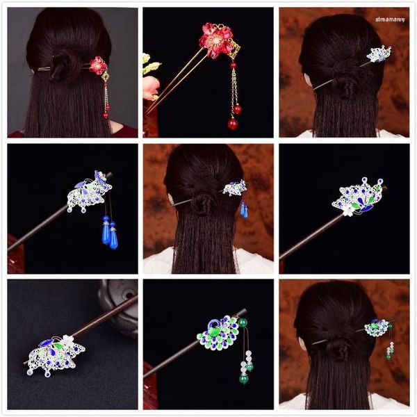 Pinzas para el cabello Yunnan Estilo étnico Cloisonne Palos de pavo real Traje antiguo Hanfu Exquisito Esmalte de colores Temperamental Step Shake