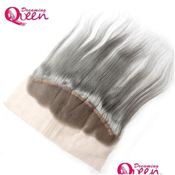 Cierre de cabello Color gris Cordón recto Frontal Ombre Brasileño Virgen Humano Gris 13x4 Oreja con productos de entrega de caída de bebé Remy Dhkju