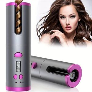 Fer à coiffage fer automatique fer à coiffage de cheveux avec affichage d'écran LCD, température et minuterie réglables, chauffage rapide portable rechargeable rotation de fer de curling en céramique