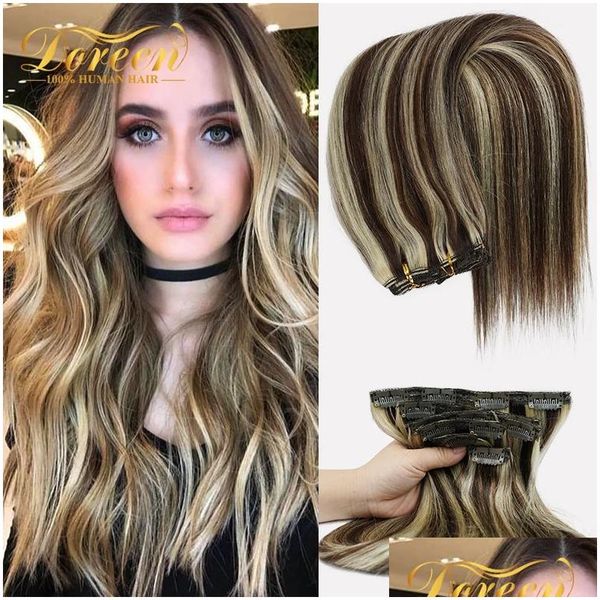 Kits de extensión de cabello Extensiones Doreen 24 pulgadas 120G 160G Platino Rubio Destacados en morenas marrones Clip humano 100% real en Hine Dr Dhiv9