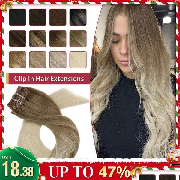 Kits de extensión de cabello Extensiones Moresoo Clip en 100% Real Remy Humano Brasileño Sedoso Recto Yage Rubio Productos de entrega de gota Dh3So