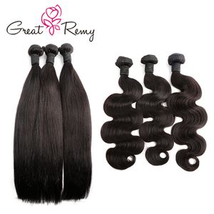 Greatremy® 3 stks / partij Donor Braziliaanse Virgin Haar Weave Bundels Natuurlijke Zwarte Body Wave Rechte Krullende Human Hair Extensions 300g / lot