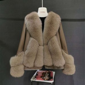 Hair Fox 2023 nuevo abrigo de piel de oveja empalmado con cuello grande y abrigo de piel integrado para mujer, medio a largo, estilo joven 6392