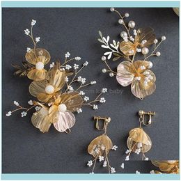 Haar sieraden sieraden clips BROPSTES schoonheid goud metalen bloemenclip bruidszijde gouden kralen trouwstijl bruid aessories drop leveren