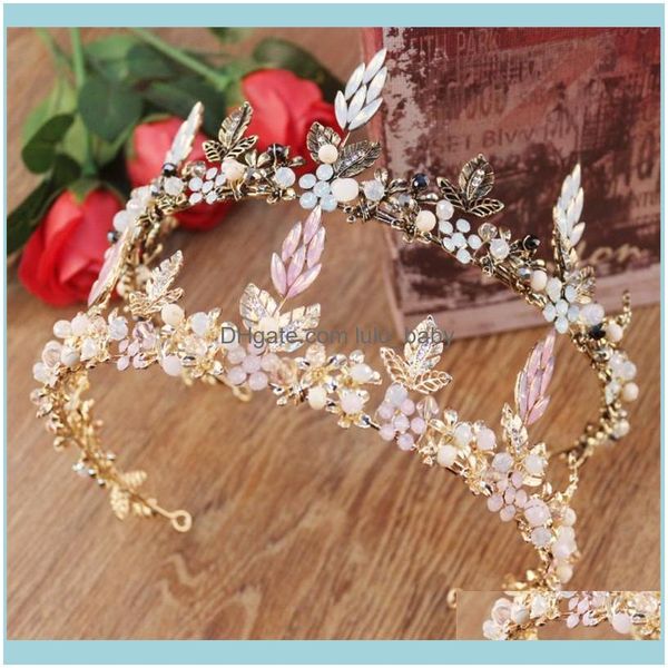 Joyería para el cabello Joyería Pinzas para el cabello Barrettes Flores de cristal Plantas Tiara de oro antiguo Corona Nupcial Aessories Boda Quinceañera Tiaras y C