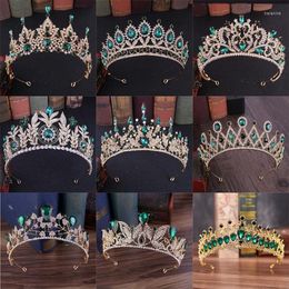Joyas para el cabello Lujo Verde Cristal Barroco Diadema Diamantes de imitación Coronas nupciales y tiaras Diadema para el banquete de boda Baile Accesorios del desfile