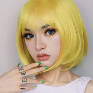 Pelucas de encaje para el cabello Color femenino Qi Bangs Limón Amarillo Tipo Bobo Recorte de cara Peluca de pelo corto y recto Cubierta de la cabeza