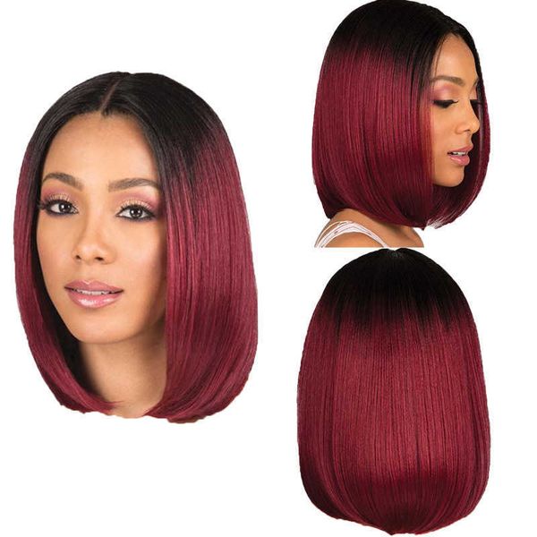 Cheveux Lace Wigs Teinture Moyen Bobo Perruque Femme Cheveux Courts Raides Noir Dégradé Vin Rouge Tête Vague