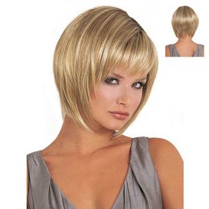 Cheveux dentelle perruques mode femme lumière or côté fendu court cheveux raides fibre chimique perruque tête couverture