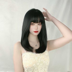 Pelucas de encaje para el cabello Peluca de Japón y Corea del Sur Flequillo de aire para mujer Cabeza de flor de pera recta larga mediana Hebilla interna Conjunto de cabello de fibra química