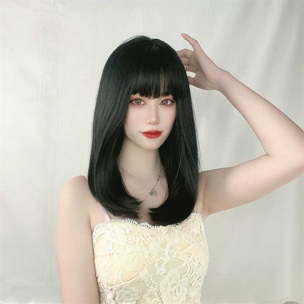 Cheveux Dentelle Perruques Japon et Corée du Sud Perruque Femme Air Bangs Moyen Long Droit Poire Tête De Fleur Boucle Intérieure Fibre Chimique Ensemble De Cheveux