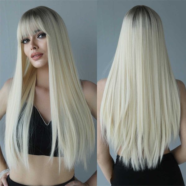 Pelucas de encaje para el cabello Peluca larga y recta 27 pulgadas Lápiz degradado Gris dorado 69 cm