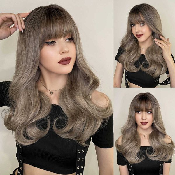 Pelucas de encaje para el cabello Estilo Cabello largo y rizado de las mujeres 58 cm Gradual Beige Gris Peluca con flecos teñidos en la parte superior 22 pulgadas