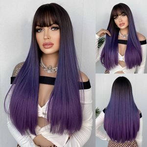 Cheveux Lace Wigs Ensemble de tête pour femme Bleu Gradual Color Long Straight Hair Natural Air Bangs Wig