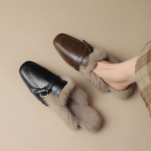 Hair Metal Rabbit Cowhide Boucle Autumn Muller Chaussures Golden Veet Retro Fashion Outwear Slippers 231219 2889