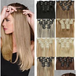 Extensions de cheveux droites à clipser de 24 pouces de long avec 16 styles polyvalents - Aspect naturel de haute qualité, facile à utiliser, parfait pour l'installation Dhxd6