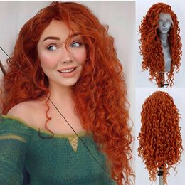 Morceaux de cheveux AIMEYA Orange longue dentelle bouclée princesse Merida Cosplay Halloween synthétique jeu de rôle pour femmes filles 230609