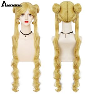 Morceaux de cheveux Anogol Synthétique Cosplay pour Tsukino Usagi Lolita Longue Bouclée Blonde Double queues Pour Fille Halloween Party Cap 230609