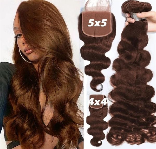 Morceaux de cheveux Paquets de cheveux humains au chocolat avec fermeture fermeture à lacets brésilienne avec paquets de vague de corps extension de cheveux Remy brun plus foncéi7284345
