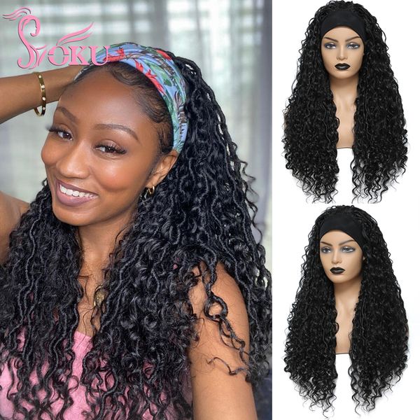 Morceaux de cheveux Bouclés Faux Locs Tresse avec Bandeau 24 Pouces Crochet Dreadlocks Tressé Soku Noir Synthétique pour Femmes 230609