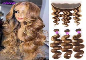 Pièces de cheveux P4 27 Poumages en surbrillance avec paquets d'onde blonds blonds au miel frontal avec des faisceaux humains de couleur frontale avec 3100380