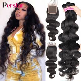 Morceaux de cheveux Perstar Bundles humains avec fermeture Extensions brésiliennes de tissage de vague de corps 3 4 Remy 230314