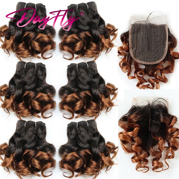Pièces de cheveux Bundles de tissage brésiliens courts avec fermeture Curly Funmi Human 6 Extensions avec 4x1 T Part 230728