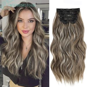 Haarstukken Golvend Clip In s Lang Synthetisch 6 Stuks Set Stuk Ombre Blond Bruin Dik Haarstukjes 230621