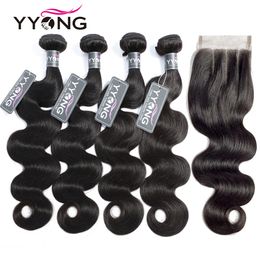 Piezas de cabello Yyong Body Wave Bundles con cierre Brazilian Weave 3 4 Lace 4x4 Remy Human 230505