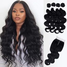 Produits capillaires Extensions des vagues de corps cheveux dentelle synthétique Fermeure tisure cheveux 4 paquets avec dentelle de fermeture pour femmes noires 14-16 pouces 5 pièces